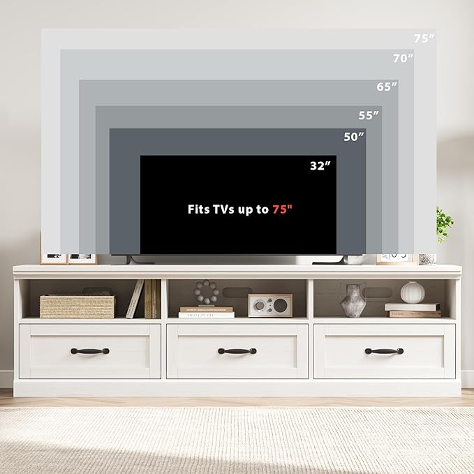 IDEALHOUSE 70in TV Stand for TVs up to 80", Mid Century Modern Entertainment Center with Storage Drawer and Open Shelves, TV Console Media Cabinet for Living Room, Bedroom, Antique White-Ruum Studio Home