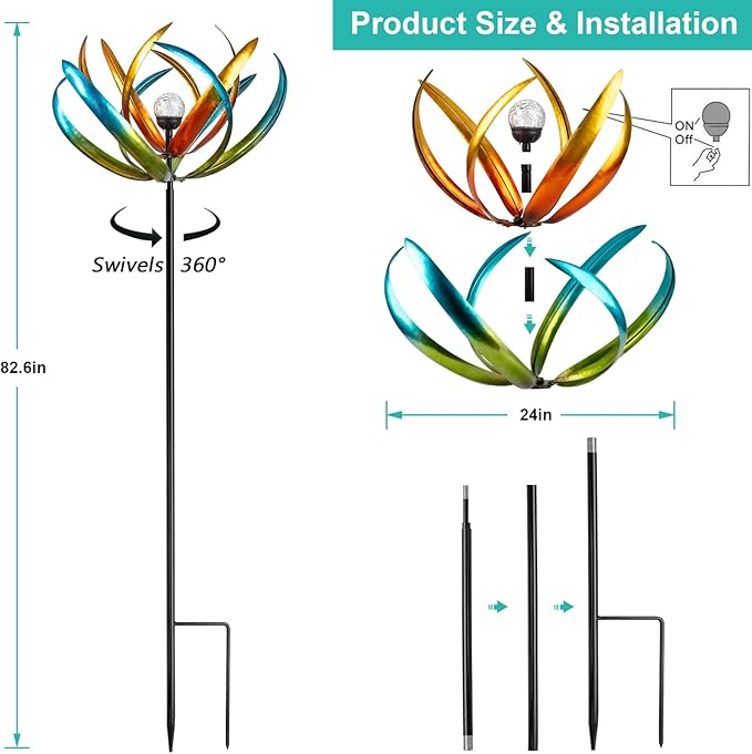 Large Solar Wind Spinners for Yard and Garden-82.6 Inch 360° Metal Wind Sculptures Outdoor Clearance Kinetic Windmills with Multi Color Led Glass Ball-Ruum Studio Home