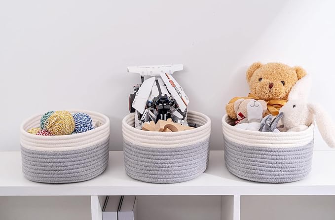 Baskets for Shelf Storage Cute Basket to Store and Organize Household Items/Woven Rope Basket for Living Room, Bedroom,Playroom/Durable Small Oval-13x8.66x5.11’’,3 Packs Off White&Gray-Ruum Studio Home
