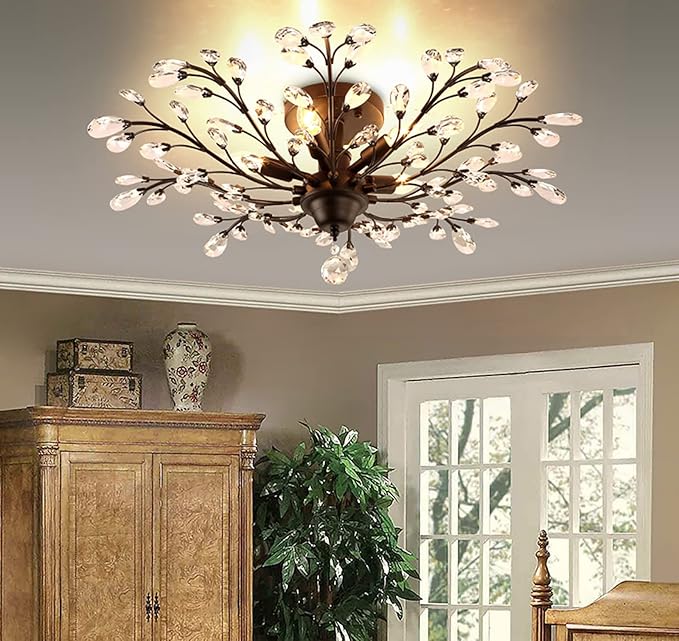 Ganeed Crystal Ceiling Light,Vintage Chandelier, Modern Elegant K9 Crystal Glass Chandelier Flush Mount Ceiling Lighting Fixture for Living Room Bedroom Restaurant Porch- Matte Black - 5 Lights-Ruum Studio Home