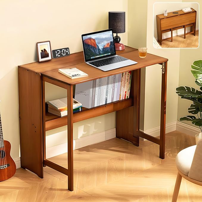 39.37" Bamboo Folding Desk,Space-Saving Computer Desk for Small Spaces, Foldable Study Table for Bedroom, Home Office, Dorm, Apartment (Brown)-Ruum Studio Home