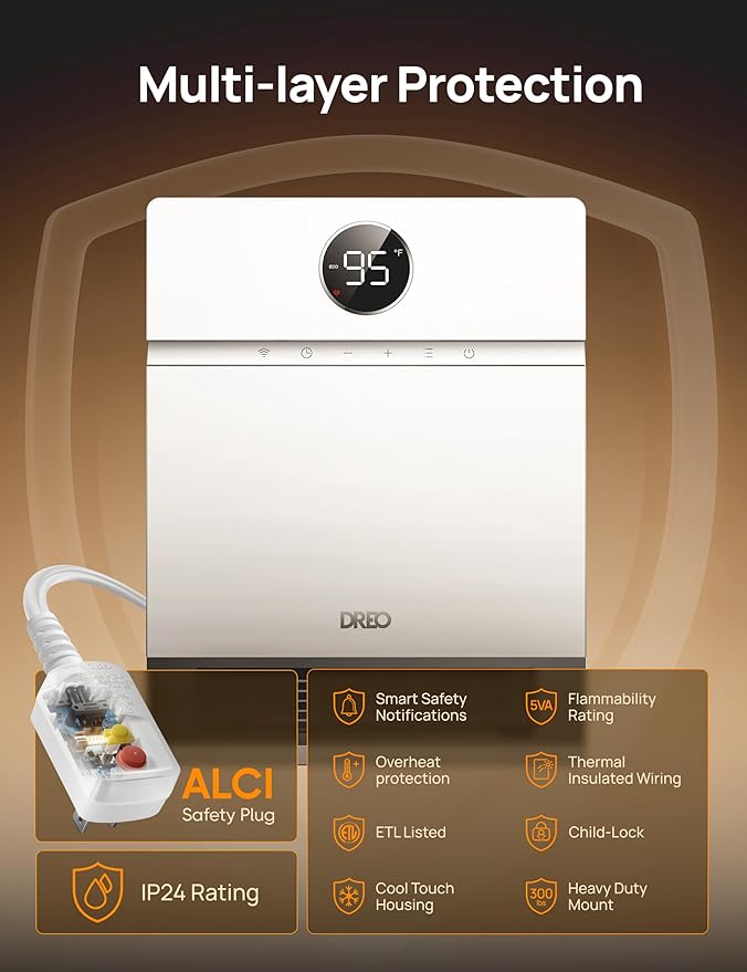 Dreo Smart Wall Heater, IP24 Electric Space Heater with ALCI Plug for Indoor Use, 30° Oscillation, Adjustable Thermostat, Remote Control, Works with Alexa, 24H Timer, Easy-mounted Heater for Bathroom-Ruum Studio Home