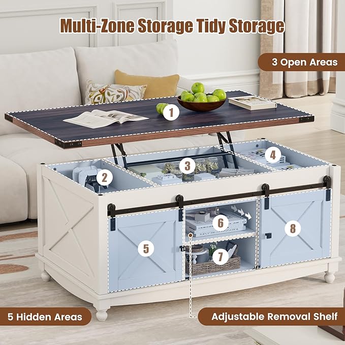48" Farmhouse Lift Top Coffee Table with Storage Sliding Barn Door & Large Hidden Compartment, Coffee Table with Lifting Top with Wooden Lift Tabletop, Coffee Tables for Living Room, White-Ruum Studio Home