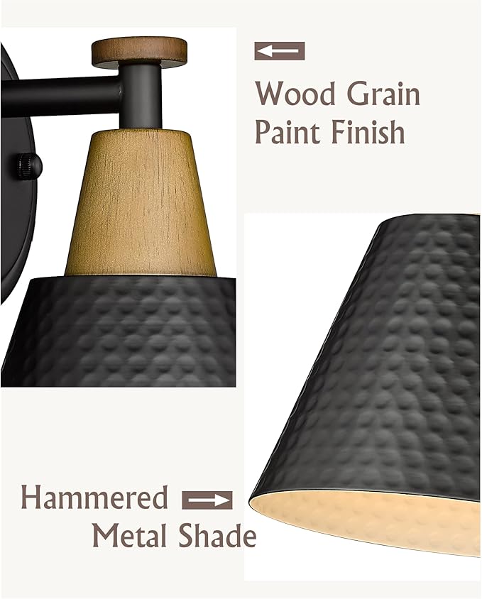 FEMILA Wall Sconces Set of 2, 1-Light Matte Black Bathroom Light Fixtures, Modern Single Vanity Light Wall Lamp with Hammered Metal Shade, 4FG59B-2 BK-Ruum Studio Home
