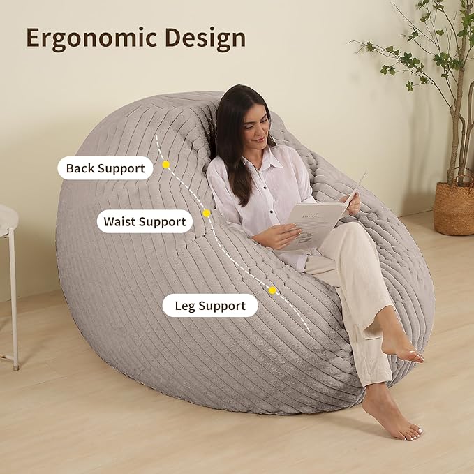 Memory Foam Bean Bag Chair, Bean Bag Bed with Fluffy Removable Cover, for Living Room Bedroom, 6FT Grey-Ruum Studio Home