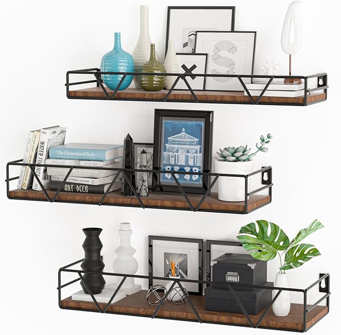 Floating Shelves Set of 3, Home Wood Wall Shelf, Farmhouse Shelf for Bedroom, Wall Mounted Floating Shelf for Living Room, Bedroom, Bathroom, Kitchen, Office (Black)-Ruum Studio Home