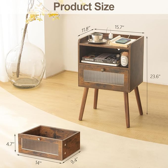 AWASEN Mid Century Night Stand with Charging Station, Wood Bedside Table with Glass Drawer, Small Modern Nightstand End Side Table with 2 Tiers Storage for Bedroom, Office(Rustic Brown)-Ruum Studio Home