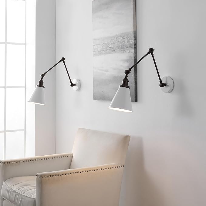 JONATHAN Y JYL7462C-SET2 Rover 7" Classic Industrial Metal Adjustable Arm LED Wall Sconce, White/Oil Rubbed Bronze (Set of 2) for Bedroom, Bathroom, Vanity-Ruum Studio Home