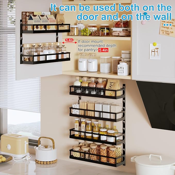X-cosrack 6-Tier Wall-Mounted Spice Rack Organizer with Mixed Basket Sizes, Height-Adjustable Hanging Spice Shelf for Kitchen Pantry Cabinet, Large-Capacity Seasoning Holder, Black-Ruum Studio Home