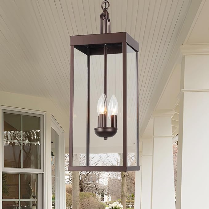 Large Outdoor Pendant Lantern Light Fixture for Front Porch, 24 Inch 3-Light Bronze Exterior Hanging Chandelier with Clear Glass, Outdoor Indoor Pendant Lamp for Patio, Gazebo, RZ008L-H ORB-Ruum Studio Home