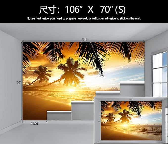 WFBHUA-Tropical Beach Wallpaper Dusk Waves Palm Tree Leaf Coconut Tree Wall Mural for Living Room Bedroom (Not Peel and Stick)-Ruum Studio Home
