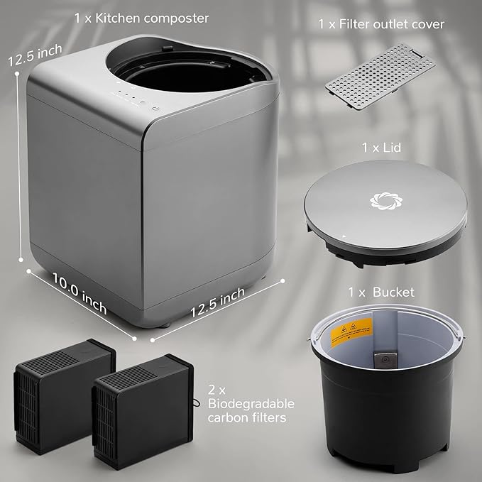 Airthereal Revive Electric Kitchen Composter, SHARKSDEN Tri-Blade, Turn Food Waste and Scraps into Dry Compost Fertilizer for Plants, R500 Gray-Ruum Studio Home