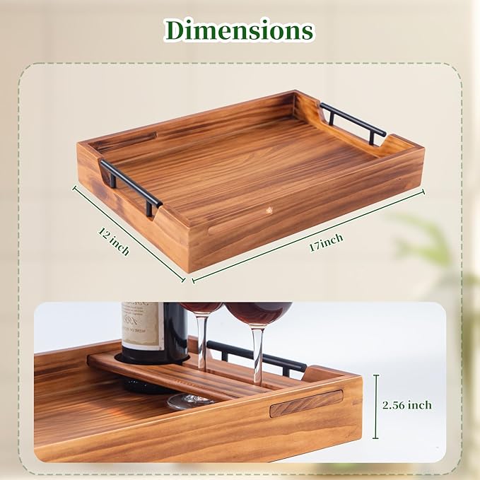 Wood Serving Tray with Handles, 17"x12" Rustic Wooden Trays with Removable Wine Glass Holder Decorative Ottoman Tray for Living Room, Coffee Table, Breakfast Food Trays in Bed-Ruum Studio Home