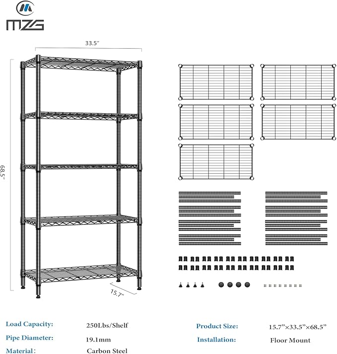 1250 lbs 5 Tier Shelf Metal Storage Shelves Shelving Wire Rack Heavy Duty Closet Organizers for Garage Kitchen Bathroom Laundry Black 15.7" D x 33.5" W x 68.5" H-Ruum Studio Home