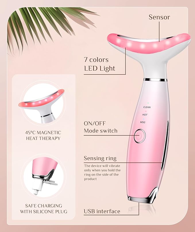 7 Color Galvanic Machines - Red Light Therapy for Face and Neck, Face Massager Tool for Wrinkles, Double Chin, Vibrating Facial Massager with Thermals, Pink-Ruum Studio Home