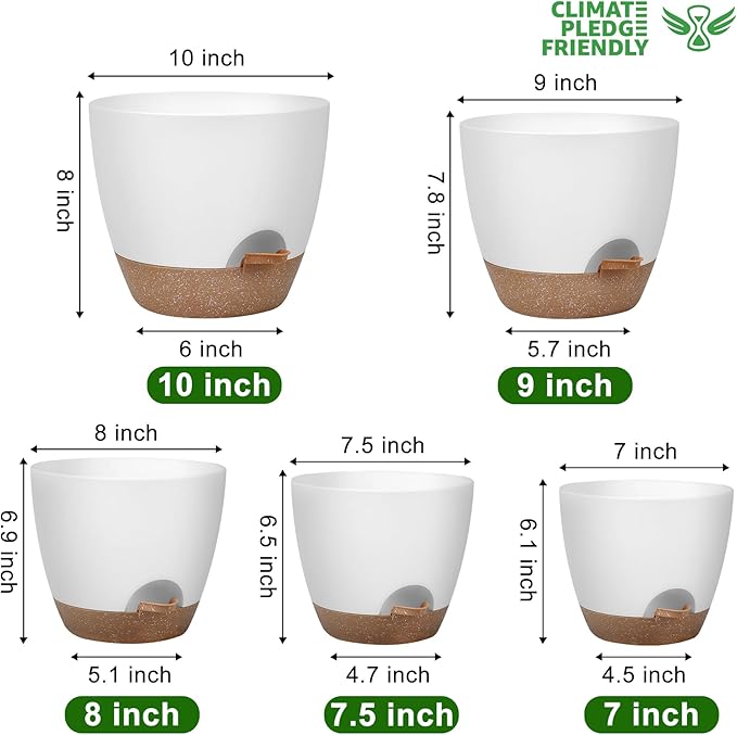 Plant Pots 10/9/8/7.5/7 Inch Self Watering Pots, Set of 5 Plastic Planters with Drainage Holes and Saucers,Plastic Flower Pots,Nursery Planting Pot for Indoor Out Door Plants（White）-Ruum Studio Home