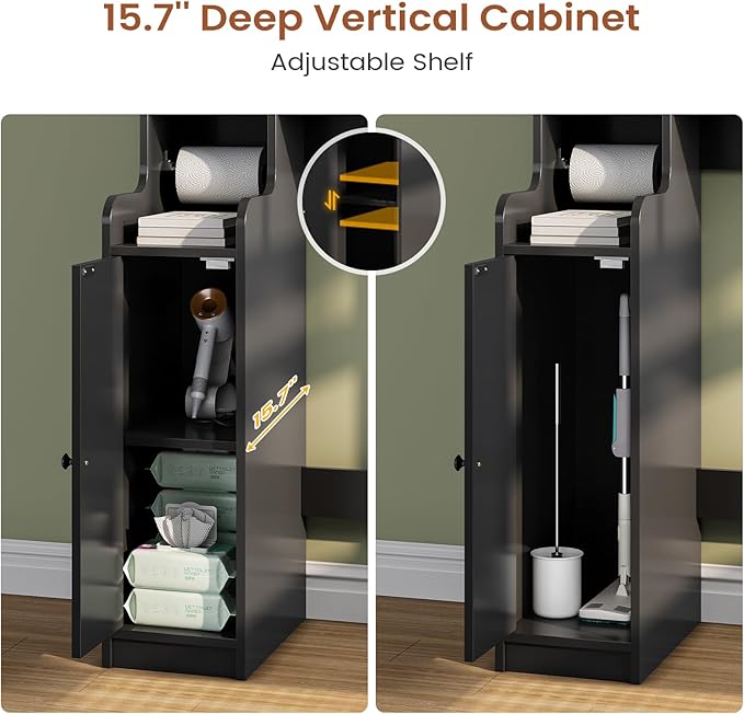 Itaar Over The Toilet Storage Cabinet, Over Toilet Bathroom Organizer with Glass Doors & Toilet Paper Holder Stand, Home Space-Saving Toilet Rack, for Bathroom, Restroom, Laundry(Black)-Ruum Studio Home