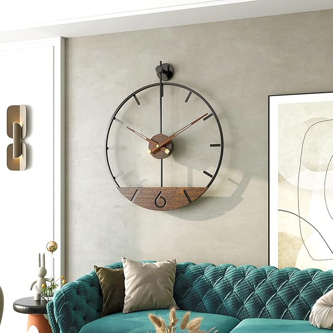 Modern Wood Walnut Dial Wall Clock, Large Simple Wall Decor Metal Frame Silent Non Ticking Clock for Living Room Decor, Kitchen, Bedroom, Study Decoration, Handmade Home Gift Idea, 26.4 in