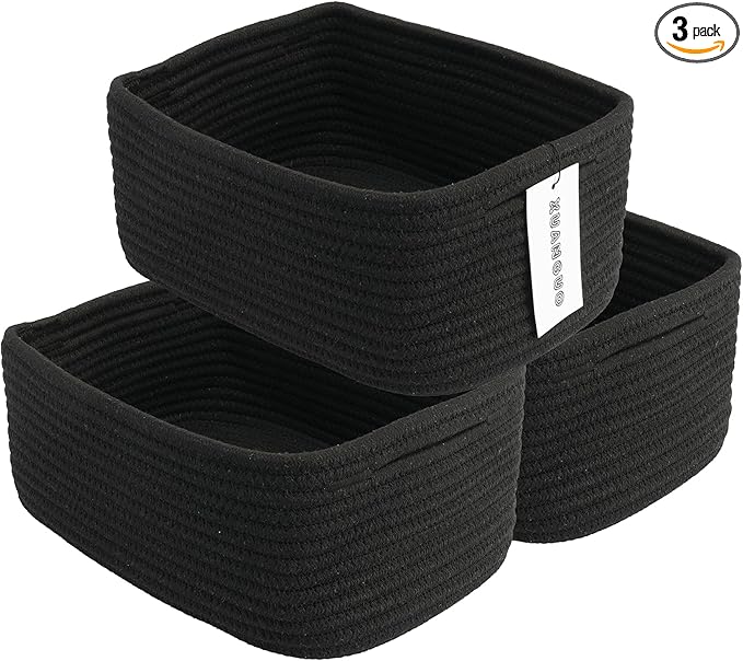 Small Woven Storage Baskets 12“X8”X5“ Decorative Rope Bins for Organizing Shelves, Closets, and Toys, Empty Gift Baskets, Cute Organizer Basket for Home and Office (black, regular)-Ruum Studio Home