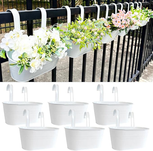 10" Hanging Flower Pots, Pack of 6 White Metal Outdoor Patio Balcony Planter, Railing Planters Fence Pot with Detachable Hook & Drainage Hole for Small Plants (White, 6Pcs)-Ruum Studio Home