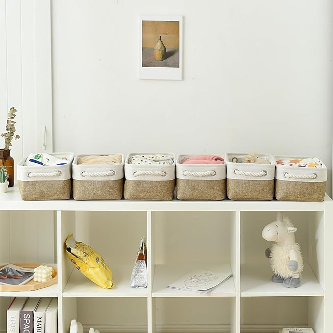 TheWarmHome Storage Basket for Organizing - 1 Pack 12x8x5.2 inch Baskets for Gifts Empty with Handles, Fabric Storage Cubes for Organizer Closet Dog Gift Cloth Toy (Whiet & Khaki)-Ruum Studio Home