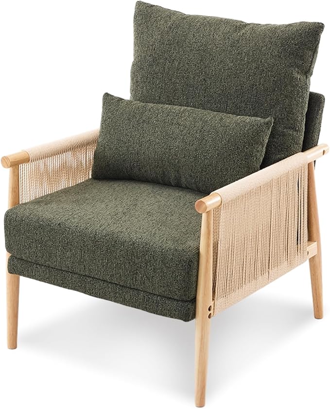 VINGLI Boho Braid Accent Armchair,Mid-Century Modern Chiar with Solid Wooden Armrest,Comfy Louge Cushion Chair with Waist Pillow for Bedroom,Living Room,Reading Room, Dark Green-Ruum Studio Home