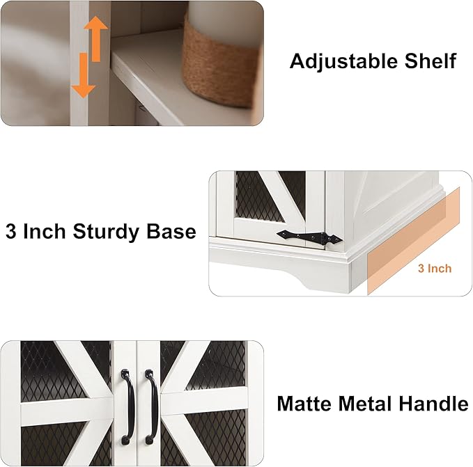 JXQTLINGMU Farmhouse End Table, 24" Large Sofa Side Table with Charging Station, Mesh Barn Door, and Adjustable Storage Shelf, Rustic Wood Square Nightstand for Living Room, Bedroom, Office, White-Ruum Studio Home