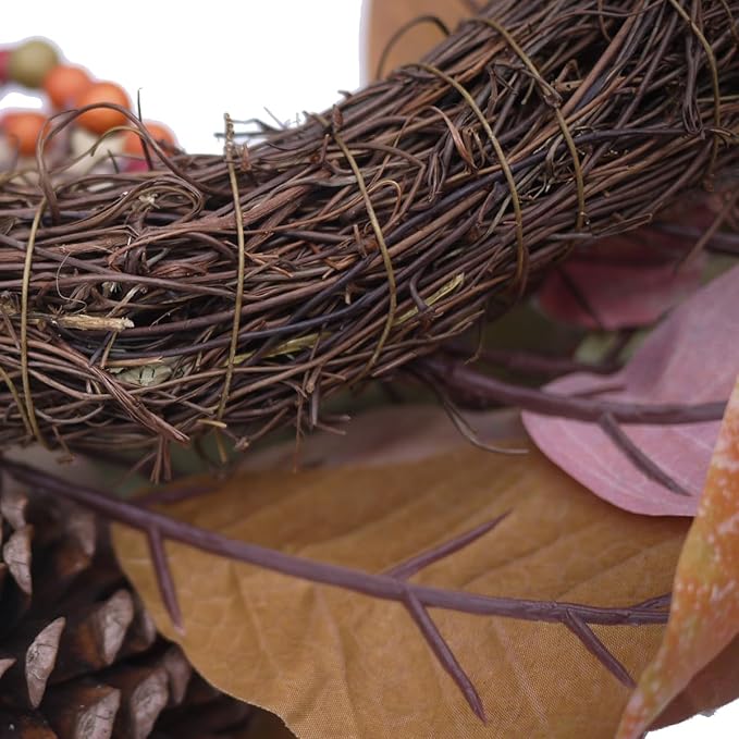 Admired By Nature 24 Inch Artificial Fall Magnolia Leaf Vine Berry Wreath Autumn Leaves For Wall Fornt Door Home Office Farmhouse Thanksgiving Harvest Cemetery Wreaths Indoor Outdoor, Orange-Pinecones-Ruum Studio Home