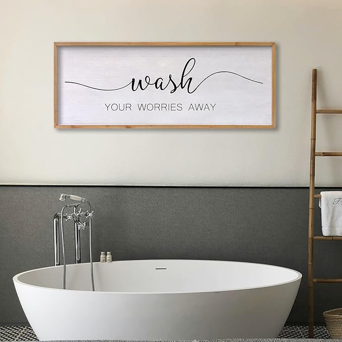 Wash Your Worries Away Bathroom Wall Art 24×10 Inch Wood Framed Decor Funny for Laundry Room Restroom Modern Rustic Inspirational Sign (Wood)-Ruum Studio Home