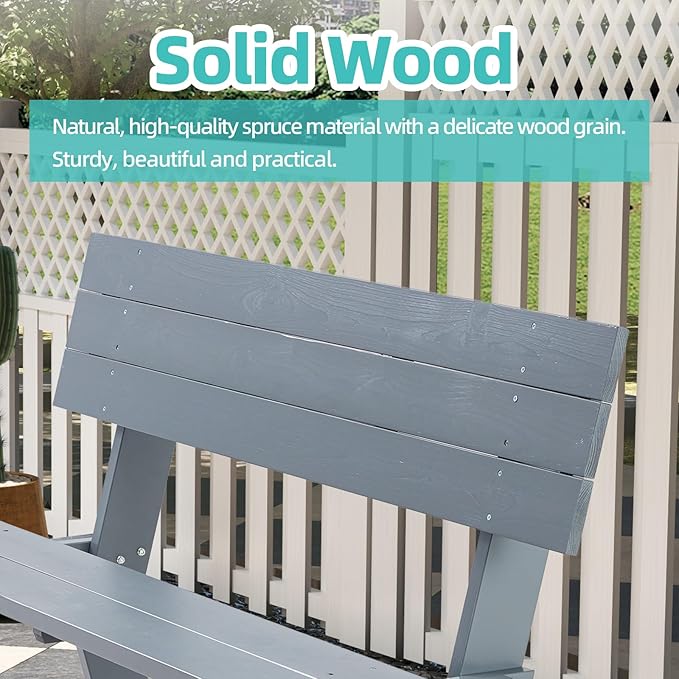 AVAWING Outdoor Convertible Wood Bench with Backrest, Patio Wood Convert a Bench, Space-Saving 2-in-1 Picnic Table Chairs Set for Backyard, Porch, Patio, Garden, Grey-Ruum Studio Home