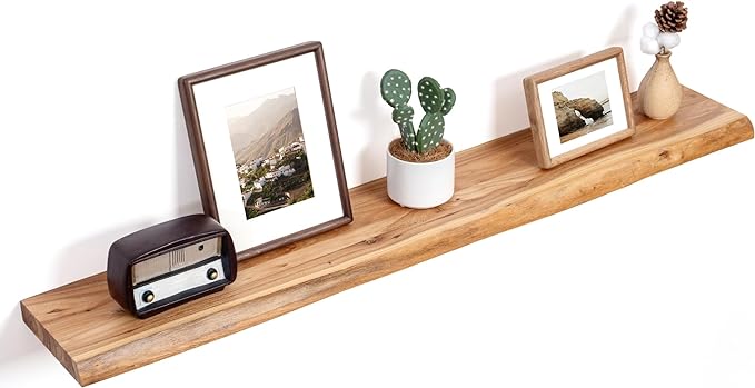 Floating Shelves for Wall Decor, Rustic Solid Elm Wood Live Edge Floating Shelves Wall Mounted, Wall Shelves with Invisible Bracket for Living Room Bathroom Bedroom Kitchen, 48 Inch, Natural-Ruum Studio Home