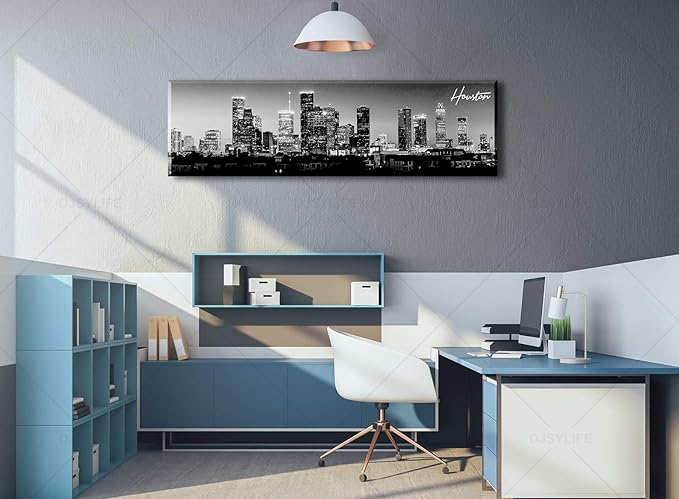 DJSYLIFE Houston Skyline Canvas Wall Art Decor Black & White City Pictures Painting Texas Cityscape Photo Print Artwork for Office Bedroom Living Room Walls Decoration Ready to Hang 13.8"x47.3"-Ruum Studio Home