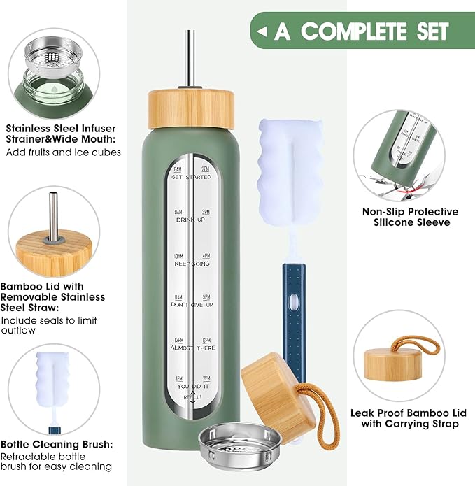 32 oz Glass Water Bottle with Straw - Motivational Time Marker & Silicone Sleeve - Reusable Tumbler Includes 2 Bamboo Lids & Fruit Infuser - 1 Pack-Ruum Studio Home