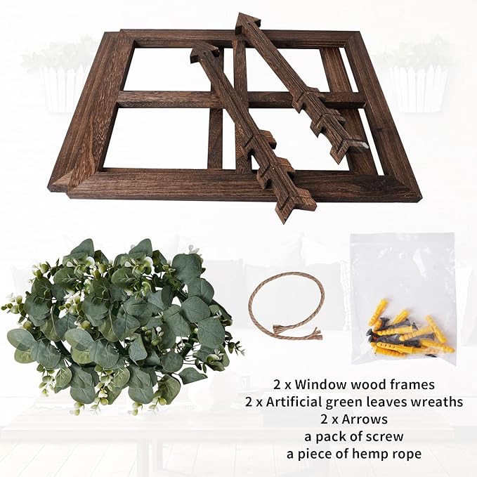 Rustic Wood Window Frame with Green Wreath and Arrows Wall Decor，Farmhouse Window Frame Hanging Decor,Wooden Fake Decoration,Window Pane Wall Decor,Set of 2 (Brown)-Ruum Studio Home
