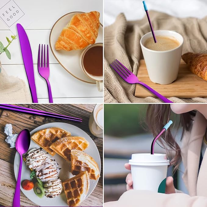 Travel Utensils Set with Case Reusable Portable Cutlery Set Stainless Steel 8pcs Including Dinner Knife Fork Spoon Chopsticks straws (Purple)-Ruum Studio Home