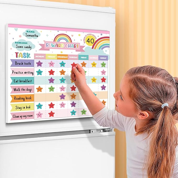 Reward Chart for Kids,Magnetic Behavior Chore Chart for Kids at Home,26 Rainbow White Chore Charts,1960 Star Stickers,56 Reward Stickers,Incentive Chore Chart to Develop Responsibility and Good Habits-Ruum Studio Home