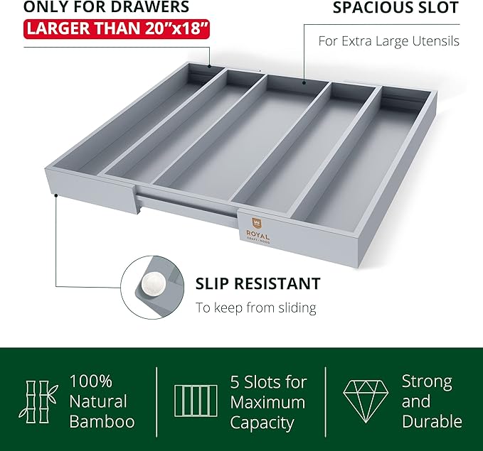 ROYAL CRAFT WOOD Luxury Bamboo Kitchen Drawer Organizer - Silverware Organizer - Utensil Holder and Cutlery Tray with Grooved Drawer Dividers for Flatware and Kitchen Utensils (5 Slot, Gray)-Ruum Studio Home