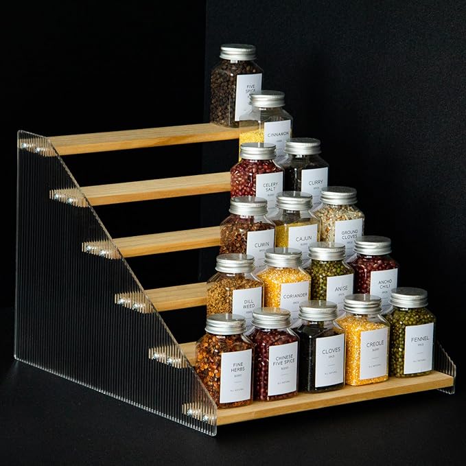 nianfeng Tiered Spice Rack, 6-Tier Spice Pantry Kitchen Cabinet Organizer, 12-Inch, Natural Wood Acrylic Stair Riser Stand, Countertop Seasoning Shelf-Ruum Studio Home