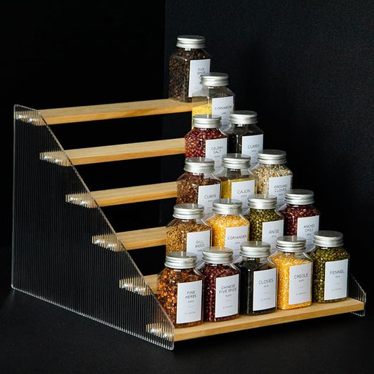 nianfeng Tiered Spice Rack, 6-Tier Spice Pantry Kitchen Cabinet Organizer, 12-Inch, Natural Wood Acrylic Stair Riser Stand, Countertop Seasoning Shelf-Ruum Studio Home