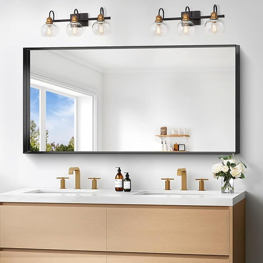 Black Bathroom Mirror, 24x48 Inch Rectangular Framed Mirror, Large Wall Mounted Bathroom Vanity Mirror Over Sink for Bedroom,Restroom, Living Room, Hangs Vertically or Horizontally-Ruum Studio Home