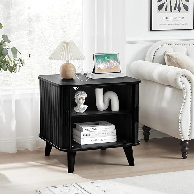 Farmhouse Square End Table with Charging Station, 24" Large Fluted Sofa Side Table with Sliding Tambour Door and Storage, Rustic Curved Wood Nightstand for Living Room, Bedroom, Black-Ruum Studio Home