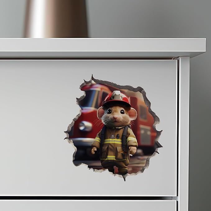 Firefighter Mouse in Mouse Hole Decal - Mouse Hole 3D Wall Sticker-Ruum Studio Home