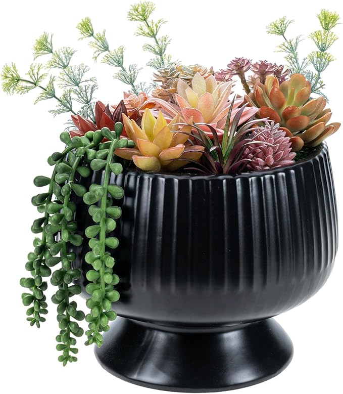 MyGift 10 Inch Modern Artificial Succulent Arrangement Potted in Matte Black Ribbed Ceramic Round Planter, Decorative Plant Pot with Assorted Faux Mini Succulents-Ruum Studio Home