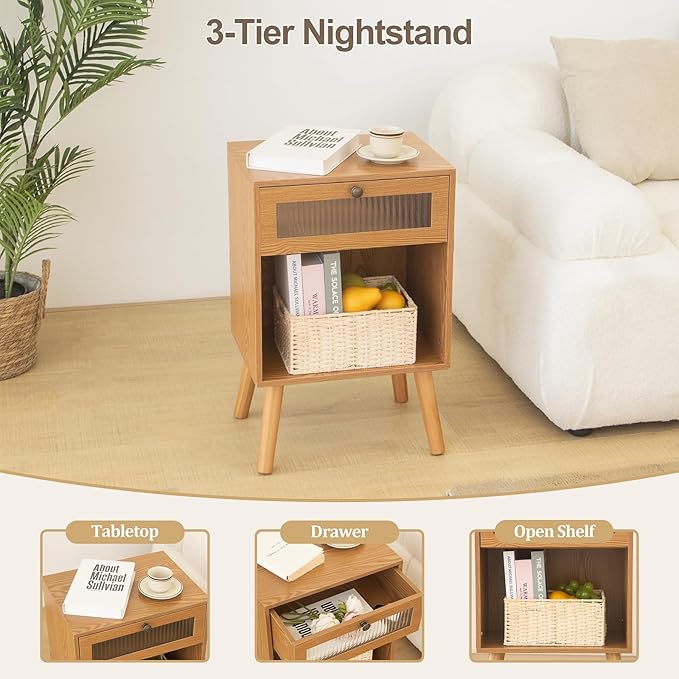 AWASEN Mid Century Nightstand, Bedside Table with Glass Storage Drawer and Large Open Shelf, Modern Night Stand Side End Table with Solid Legs for Bedroom, and Small Space, Brown-Ruum Studio Home