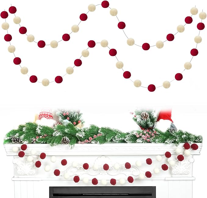 TBD Decor 2pk Red Pom Pom Garland 13FT Large Felt Ball Garland Christmas Decoration for Mantle,Indoor Holiday Wedding Birthday Party Supplies (Red&White,4cm)-Ruum Studio Home
