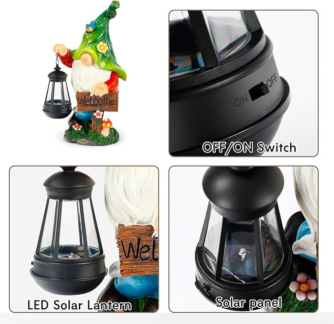 Garden Gnome Statue, Resin Figurine with Bright Solar Lantern Lights and Welcome Sign, Outdoor Solar-Powered Illumination Yard Art Decorations for Indoor Outdoor Patio Lawn Garden Room-Ruum Studio Home