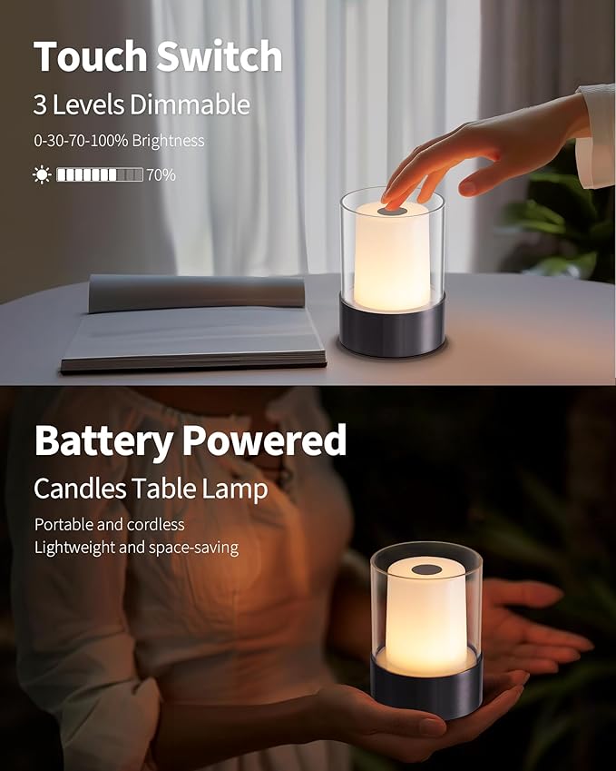 LED 4" Mini Cordless Table Lamp 2 Pack, Outdoor Waterproof Lamp, Rechargeable Battery Operated Lamp, Portable Touch Night Light for Dining Room, Camping, Nursery, Baby, Bar, Party (Black)-Ruum Studio Home