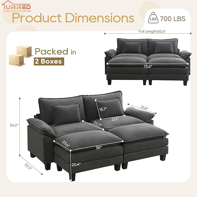 URRED Modular Sectional Sofa Comfy Cloud Couch, Modern Velvet Sofa Sleeper Deep Seat Couches with Ottoman/Pillows for Living Room (Dark Gray, 82.6''- 2 Ottomans)-Ruum Studio Home