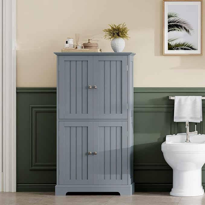 ChooChoo Bathroom Floor Cabinet, Modern Bathroom Storage Cabinet with 4 Doors and Adjustable Shelves, Freestanding Cupboard for Living Room, Grey-Ruum Studio Home