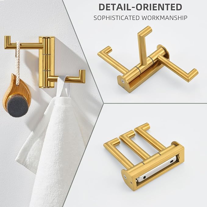 Angle Simple 3 Arms Towel Hook Brushed Gold, 304 Stainless Steel Swivel Triple Towel Holder, Folding Bathroom Hook, Wall Mount-Ruum Studio Home